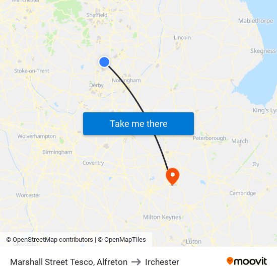 Marshall Street Tesco, Alfreton to Irchester map