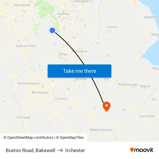 Buxton Road, Bakewell to Irchester map