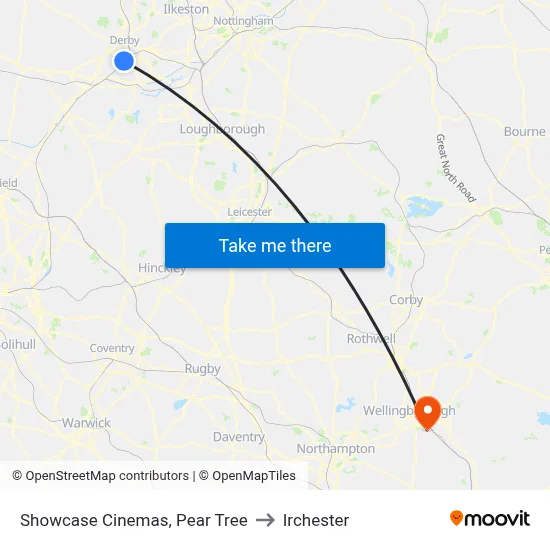 Showcase Cinemas, Pear Tree to Irchester map