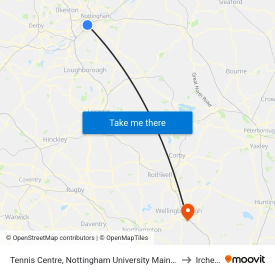Tennis Centre, Nottingham University Main Campus (Un08) to Irchester map