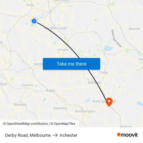 Derby Road, Melbourne to Irchester map