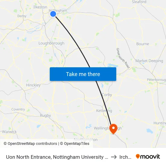 Uon North Entrance, Nottingham University Main Campus (Un14) to Irchester map