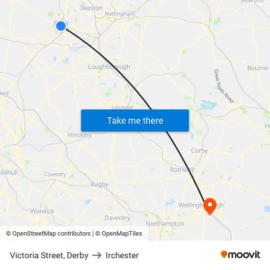 Victoria Street, Derby to Irchester map