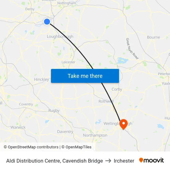 Aldi Distribution Centre, Cavendish Bridge to Irchester map