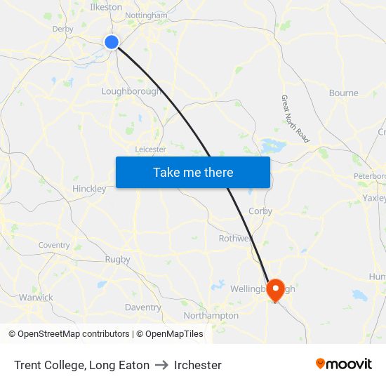 Trent College, Long Eaton to Irchester map