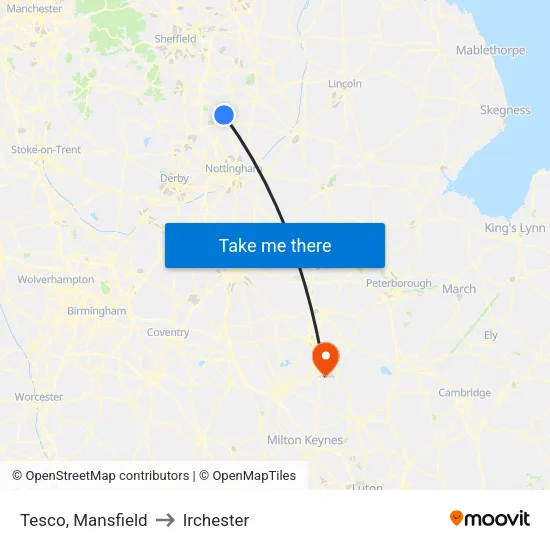 Tesco, Mansfield to Irchester map