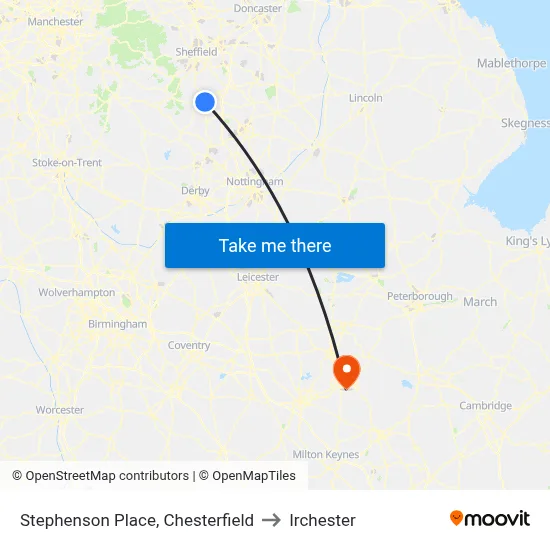 Stephenson Place, Chesterfield to Irchester map
