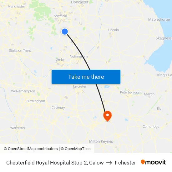 Chesterfield Royal Hospital Stop 2, Calow to Irchester map