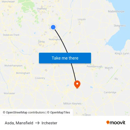 Asda, Mansfield to Irchester map