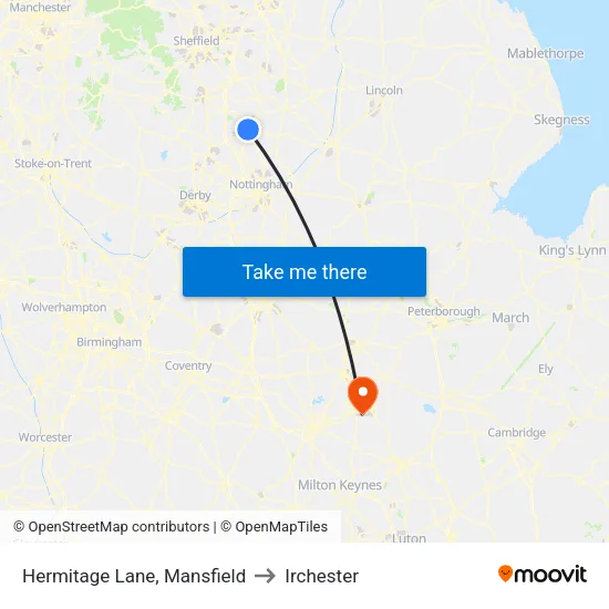 Hermitage Lane, Mansfield to Irchester map