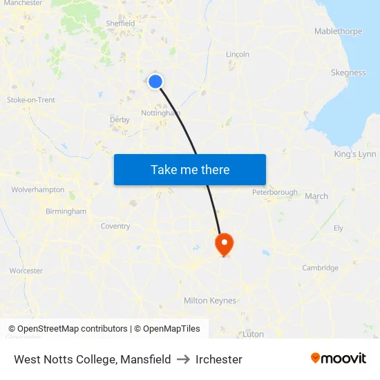 West Notts College, Mansfield to Irchester map