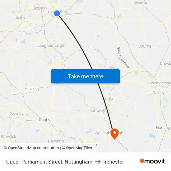 Upper Parliament Street, Nottingham to Irchester map