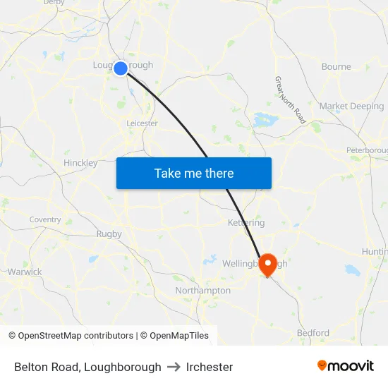 Belton Road, Loughborough to Irchester map