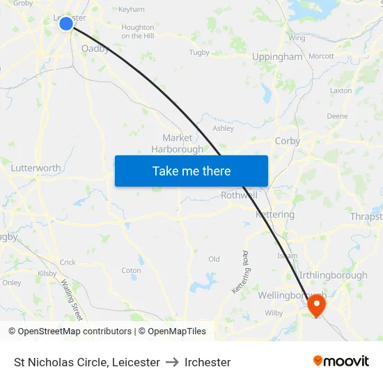 St Nicholas Circle, Leicester to Irchester map