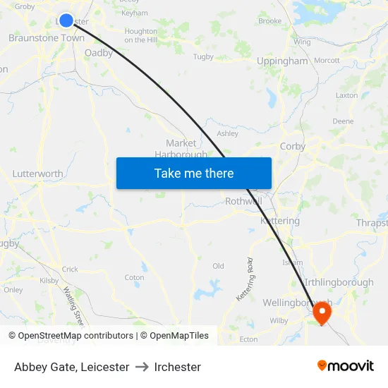 Abbey Gate, Leicester to Irchester map