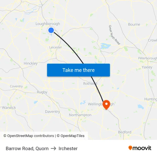 Barrow Road, Quorn to Irchester map