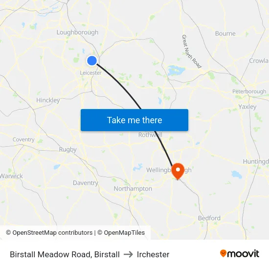 Birstall Meadow Road, Birstall to Irchester map