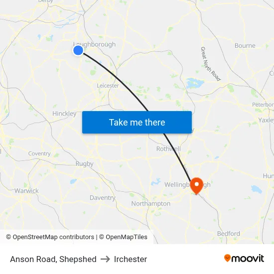 Anson Road, Shepshed to Irchester map