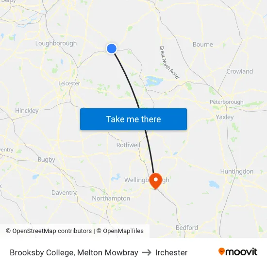 Brooksby College, Melton Mowbray to Irchester map