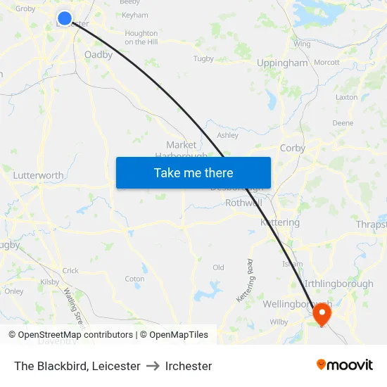 The Blackbird, Leicester to Irchester map