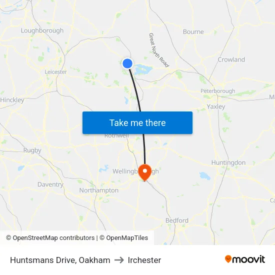 Huntsmans Drive, Oakham to Irchester map