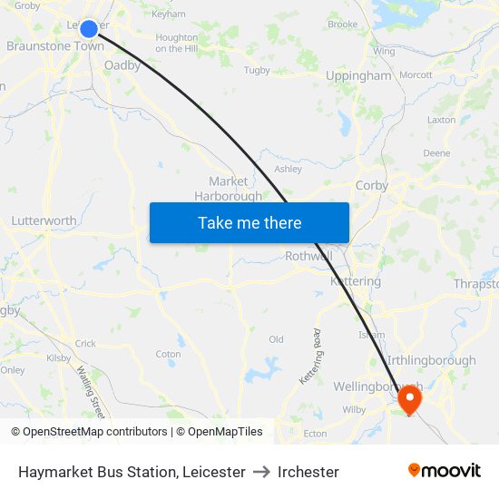 Haymarket Bus Station, Leicester to Irchester map