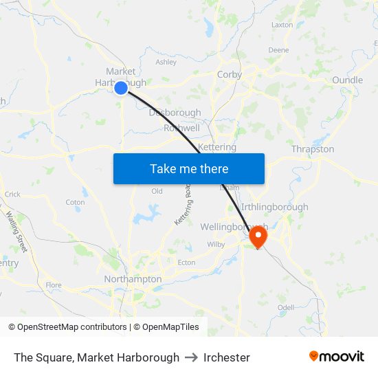 The Square, Market Harborough to Irchester map