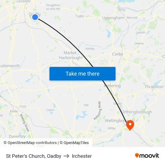 St Peter's Church, Oadby to Irchester map