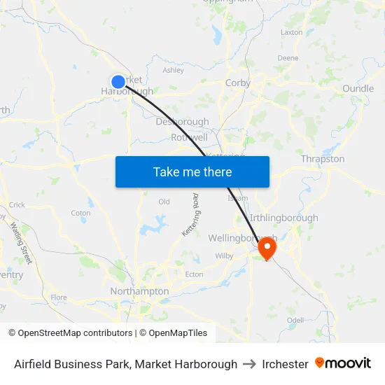 Airfield Business Park, Market Harborough to Irchester map