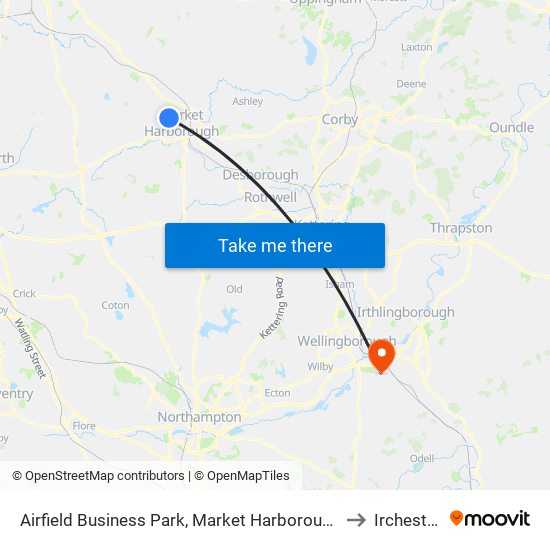 Airfield Business Park, Market Harborough to Irchester map