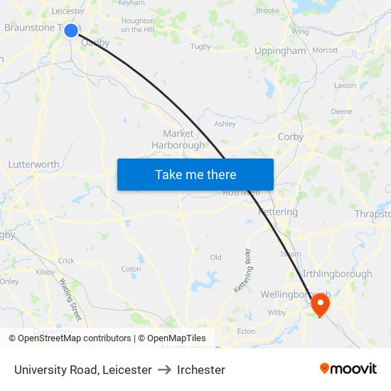 University Road, Leicester to Irchester map