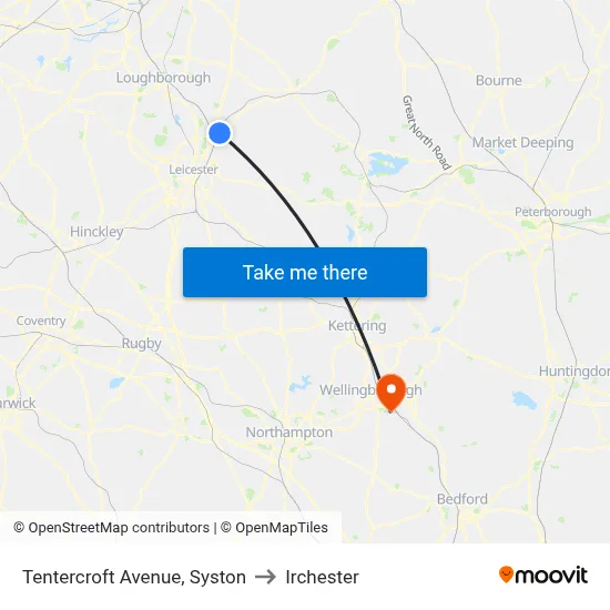 Tentercroft Avenue, Syston to Irchester map