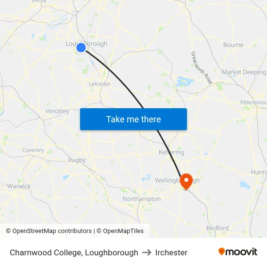 Charnwood College, Loughborough to Irchester map