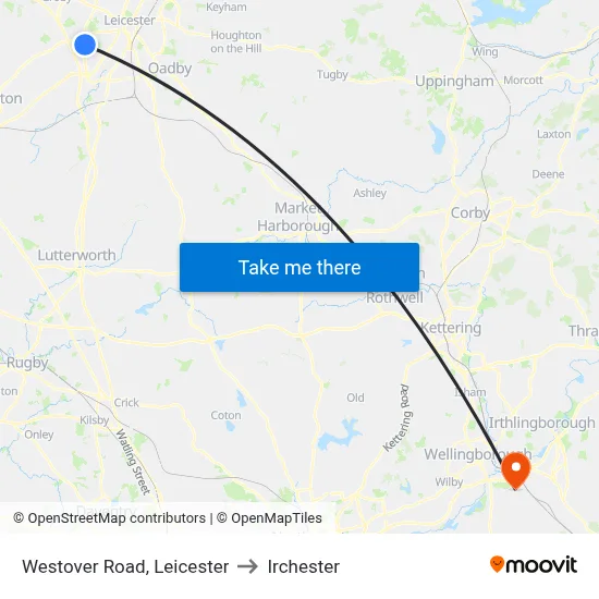 Westover Road, Leicester to Irchester map