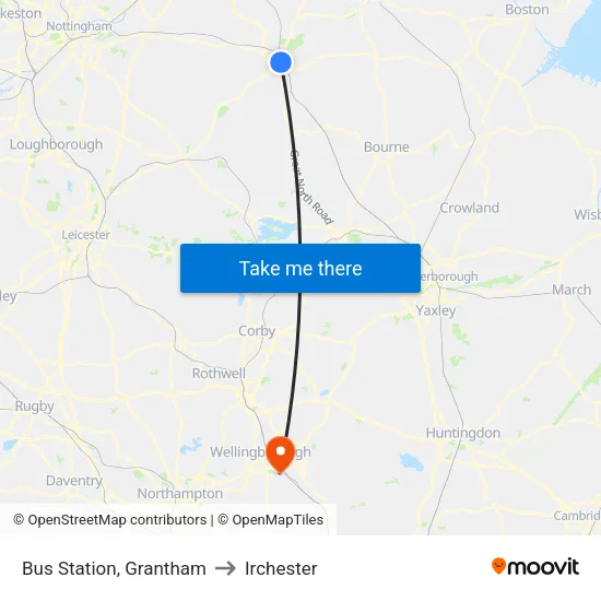 Bus Station, Grantham to Irchester map