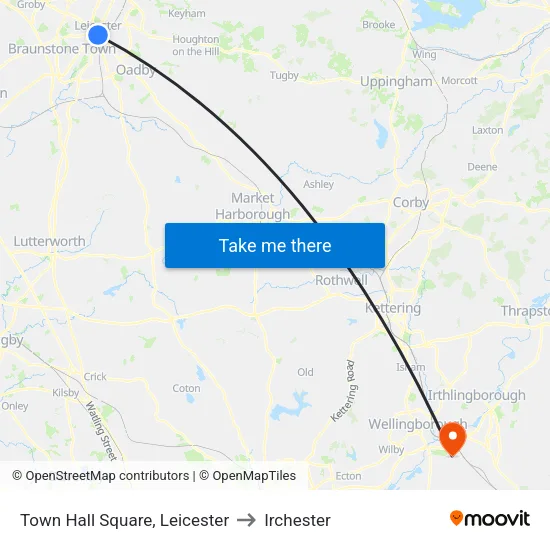 Town Hall Square, Leicester to Irchester map