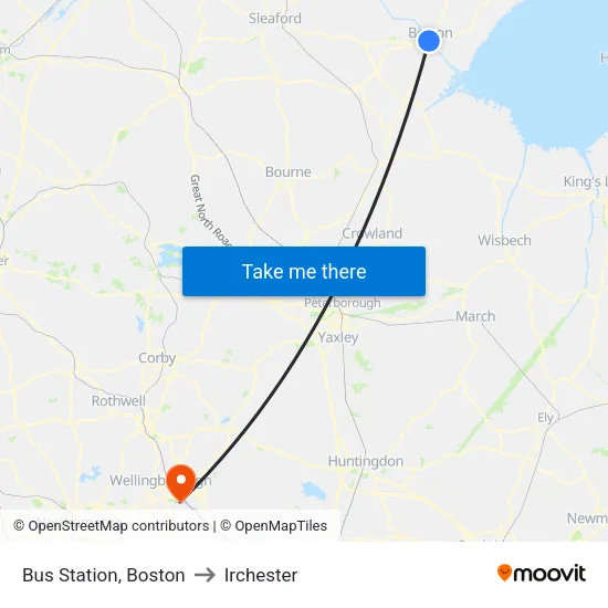 Bus Station, Boston to Irchester map