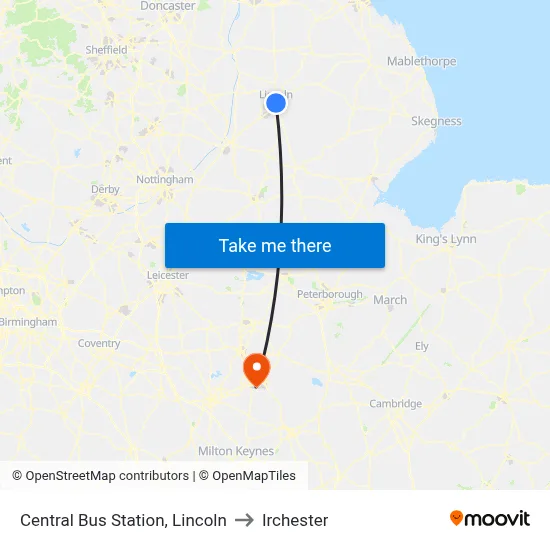 Central Bus Station, Lincoln to Irchester map