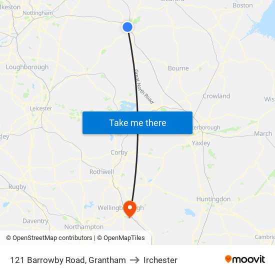 121 Barrowby Road, Grantham to Irchester map