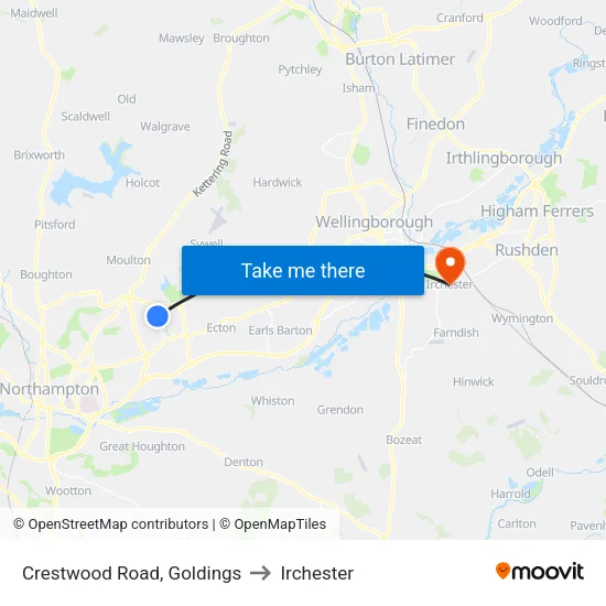 Crestwood Road, Goldings to Irchester map