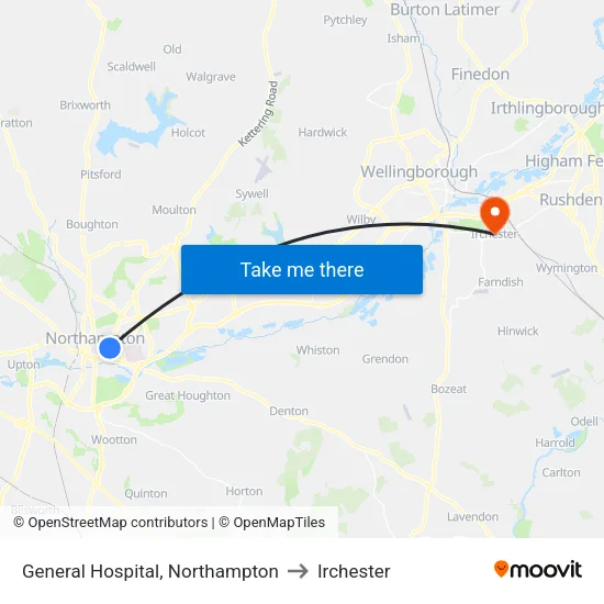 General Hospital, Northampton to Irchester map