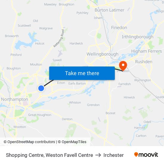 Shopping Centre, Weston Favell Centre to Irchester map