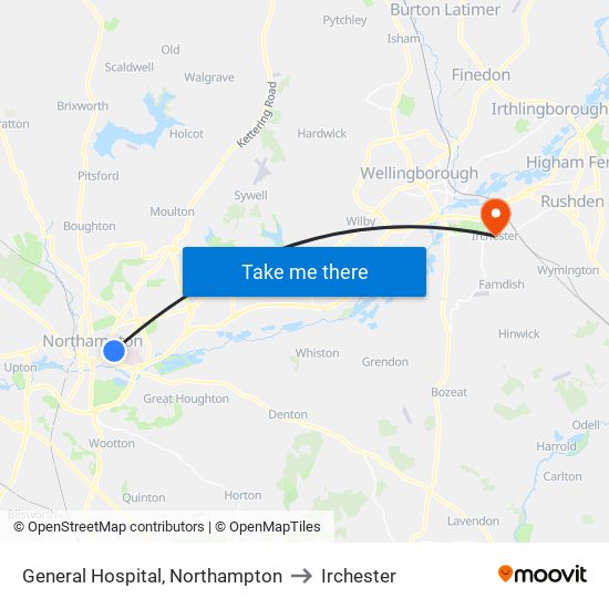 General Hospital, Northampton to Irchester map