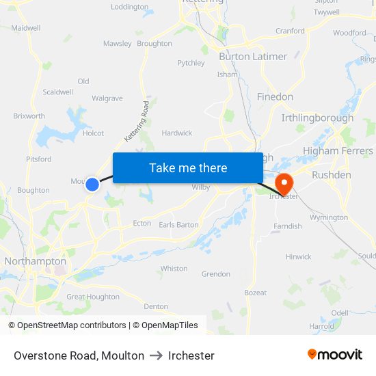 Overstone Road, Moulton to Irchester map