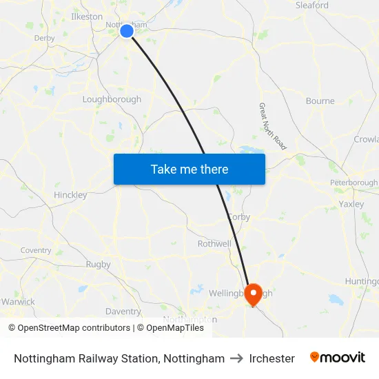 Nottingham Railway Station, Nottingham to Irchester map