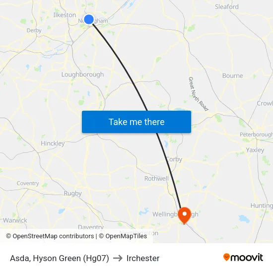Asda, Hyson Green (Hg07) to Irchester map