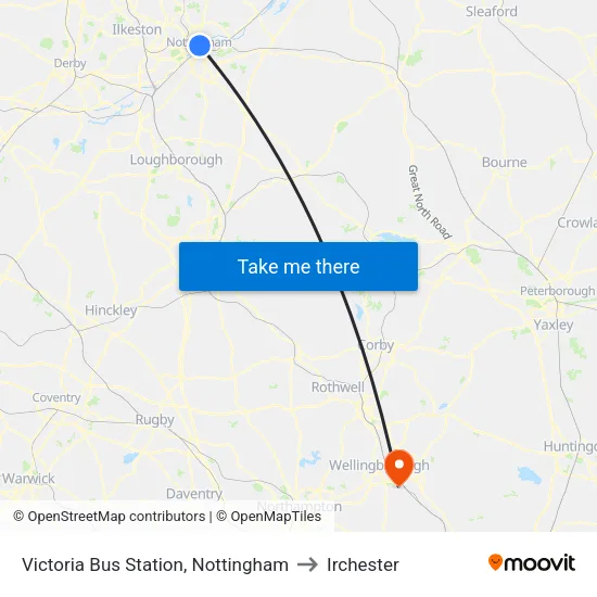 Victoria Bus Station, Nottingham to Irchester map
