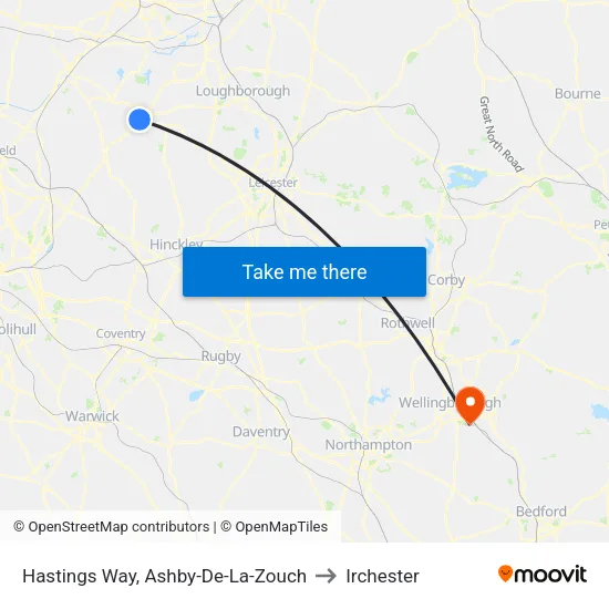 Hastings Way, Ashby-De-La-Zouch to Irchester map