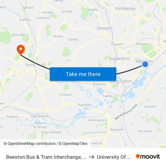 Beeston Bus & Tram Interchange, Beeston to University Of Derby map