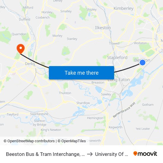 Beeston Bus & Tram Interchange, Beeston to University Of Derby map